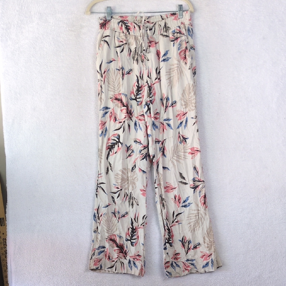 Briggs Womens White Floral Linen Blend Casual Boho Pants Size M